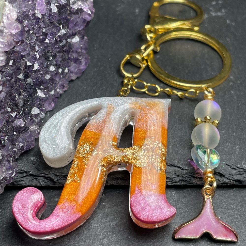 Custom Orange, Pink and Cream Letter “A” Keychain with Gold Accents - Picture 5 of 12